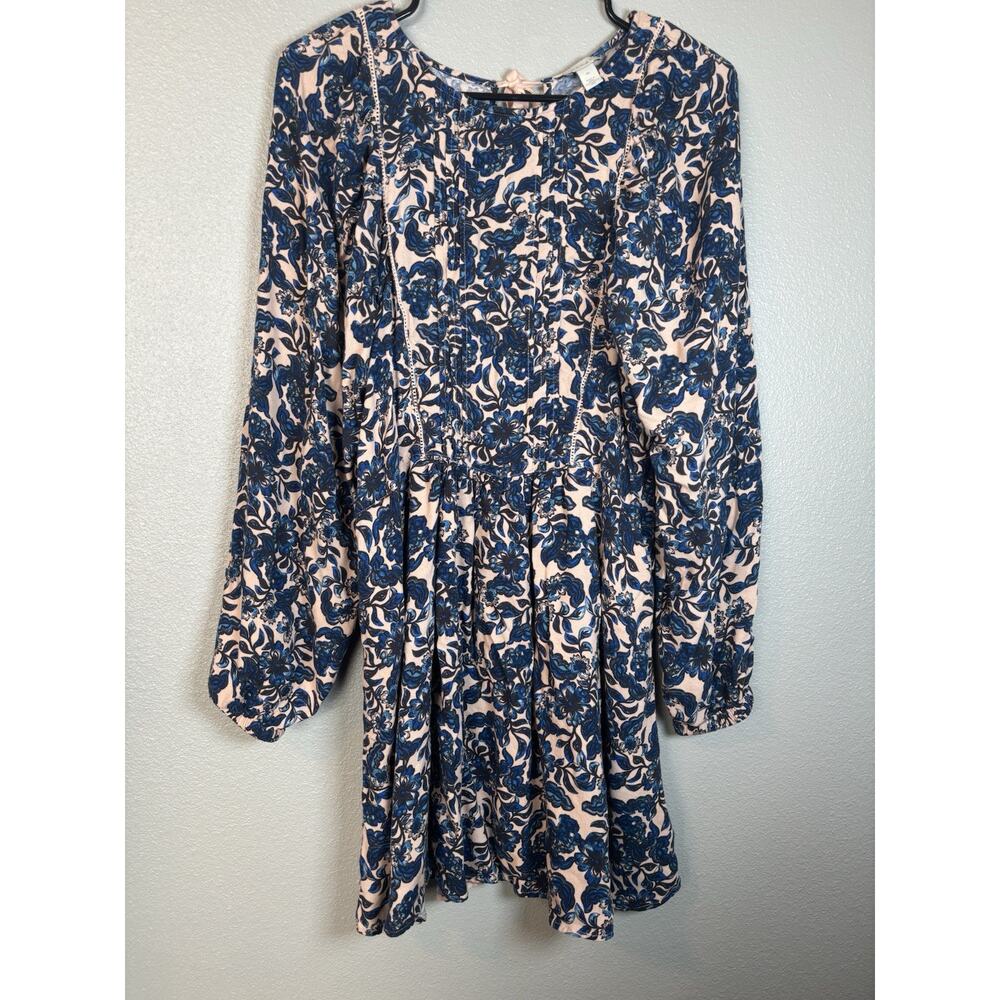 Hinge Peasant Style Long Sleeve Boho Blue Floral Dress Size Medium Spring Summer